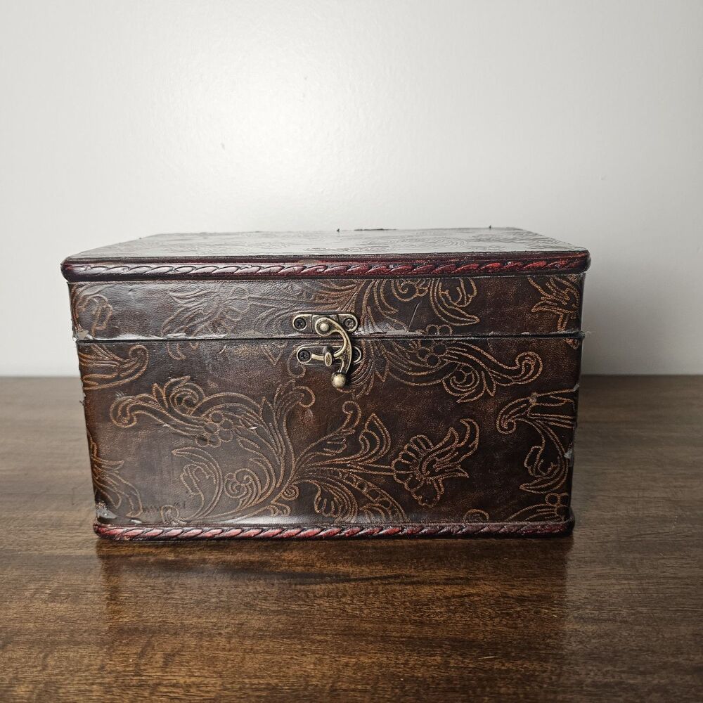 Vintage Faux Leather Trinket Box Jewelry Keepsake Storage Case Velvet Lined